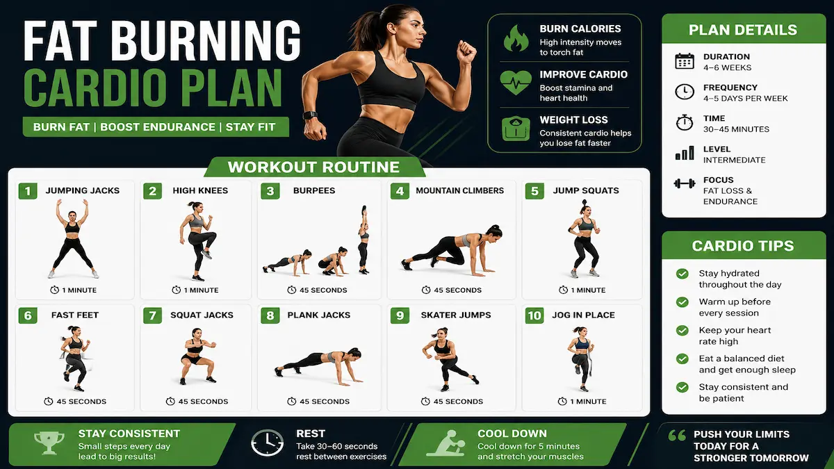 Fat Burning Cardio Plan infographic with cardio exercises for weight loss, calorie burning, endurance and heart health improvement