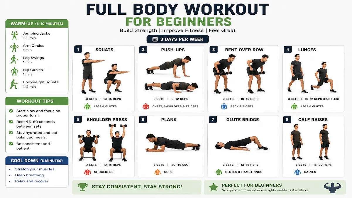 Beginner full body workout plan with warm-up, strength exercises, cardio movements and cool down routine