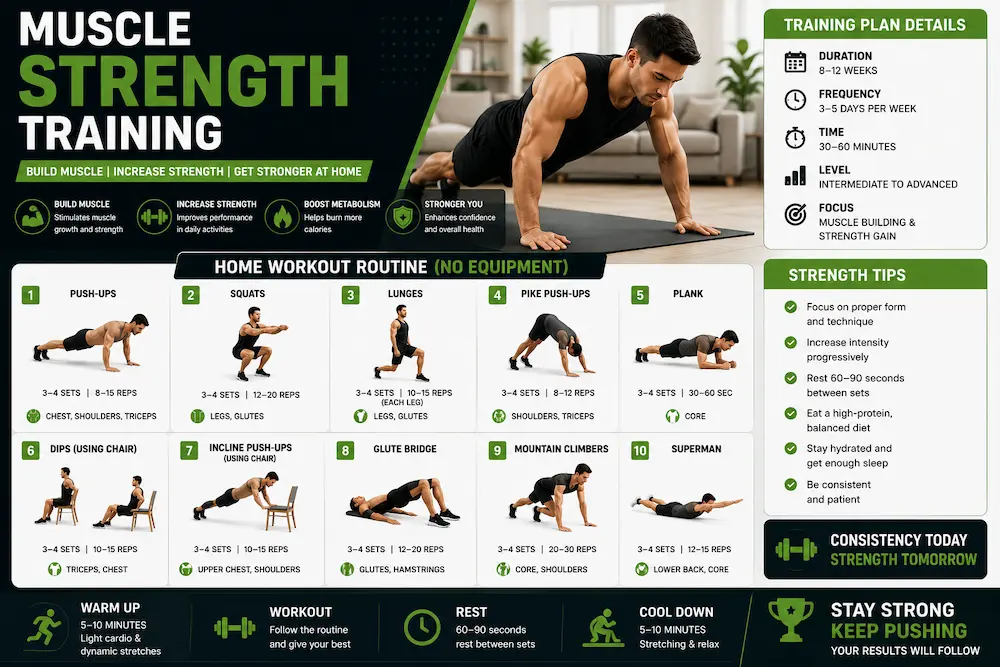 Home muscle strength training workout plan with bodyweight exercises for building muscle and increasing strength without equipment